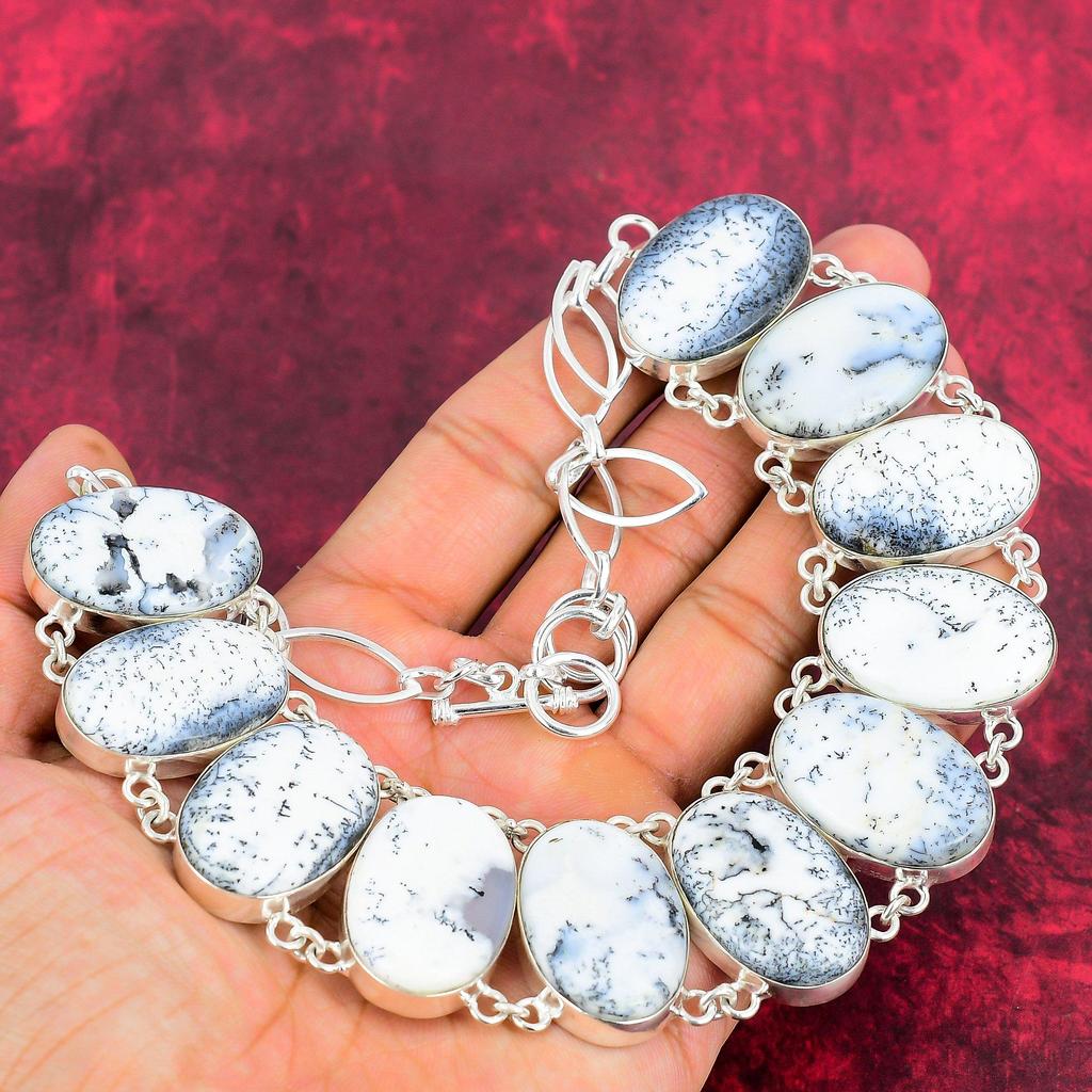 Dendrite Opal 925 Solid Sterling Silver Necklace with Adjustable Chain, Handmade Gemstone Jewelry Necklace Gift For Birthday