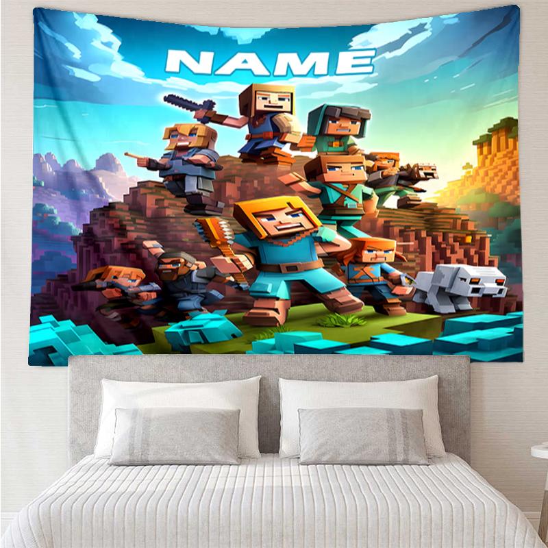 Custom Name Minecraft Print Tapestry, Backdrop, Easy Setup, Ideal for Bedroom, Office & Living Room, with Aesthetic Wall Hanging Decor.