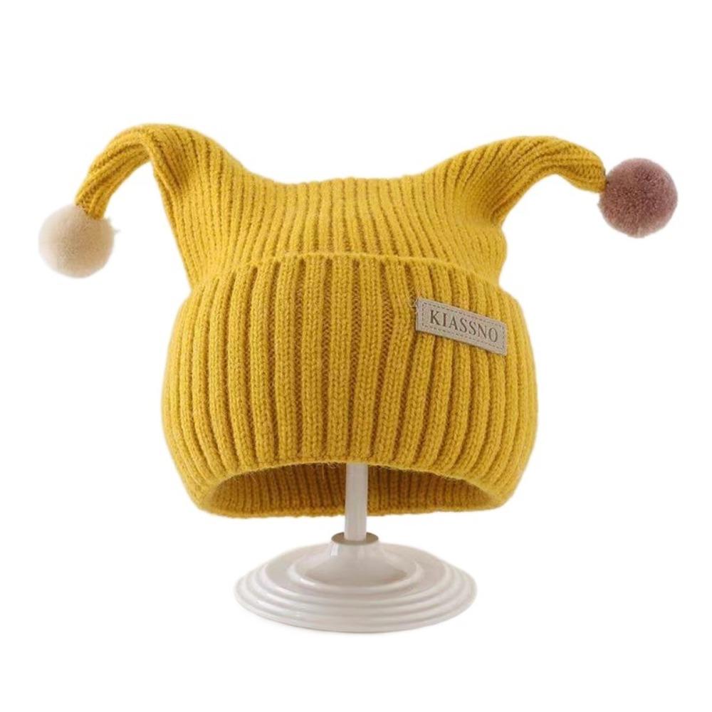 Solid Color Baby Knitted Hat Plush Ball Kids Winter Cap Cute Elf Pompom Hat Ear Protection