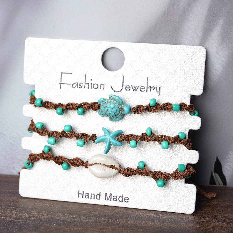 Noter 3Pcs Ladies Sea Creature Charm Bracelet Set Handmade Braided Starfish Shell Turtle Braslet Summer Beach Vacation Jewelry
