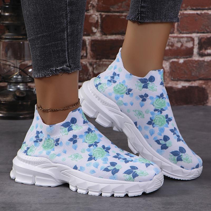 Осенние новые трикотажные туфли на плоской подошве с цветочным принтом, женские дышащие спортивные кроссовки с сетчатой основой, женские повседневные кроссовки для ходьбы, размер плюс 43