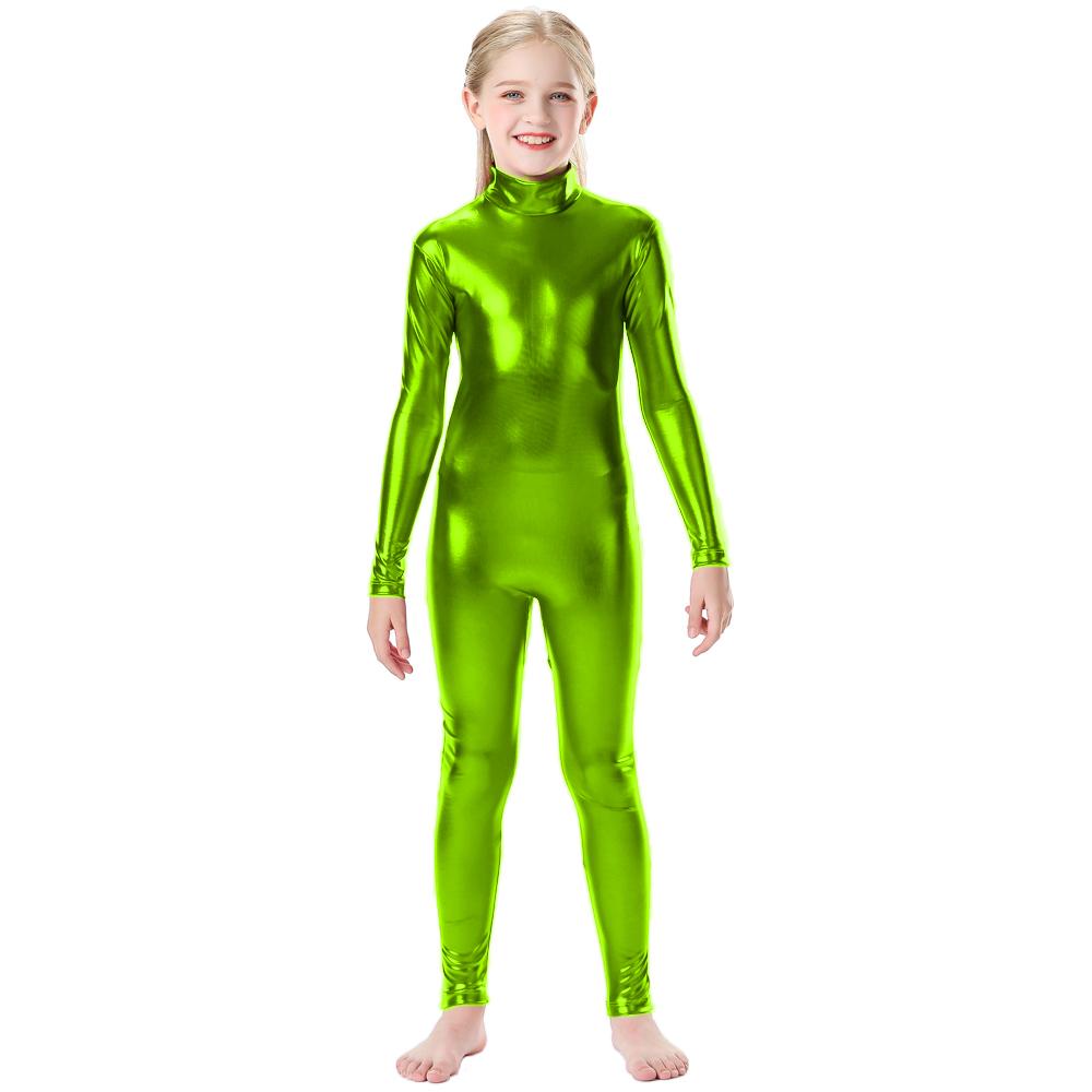 Блестящий металлический комбинезон с воротником-стойкой на молнии сзади, цельный комбинезон с длинными рукавами, детский костюм Wetlook