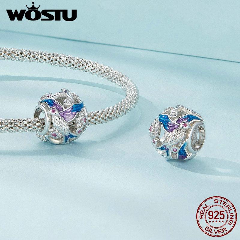 WOSTU Стерлингового серебра 925 пробы, зимородок, очаровательные бусины цвета радуги, подходят для оригинального браслета, ожерелье, сделай сам, изготовление ювелирных изделий, подарок