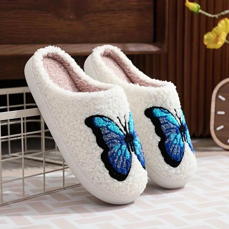 Зимние домашние тапочки Blue Butterfly для женщин, искусственный мех, мягкие плюшевые домашние тапочки для женщин, нескользящие, сохраняющие тепло, хлопковая обувь для дома, женская
