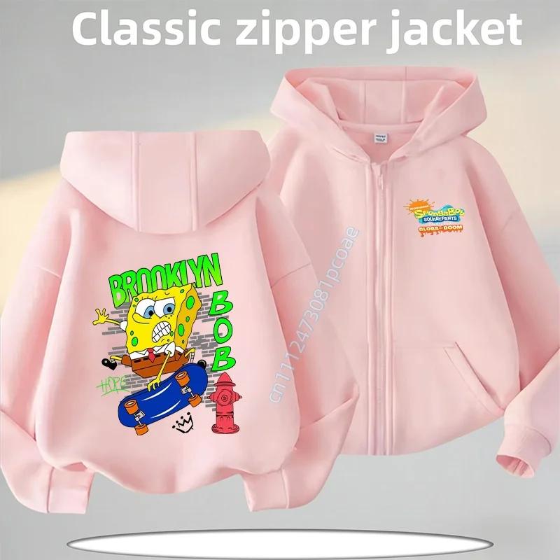 2026 New SpongeBob Cartoon Print New Style Children's Zippered Hooded Sweatshirt Casual Jacket Autumn/Winter Coat Polo Shirt