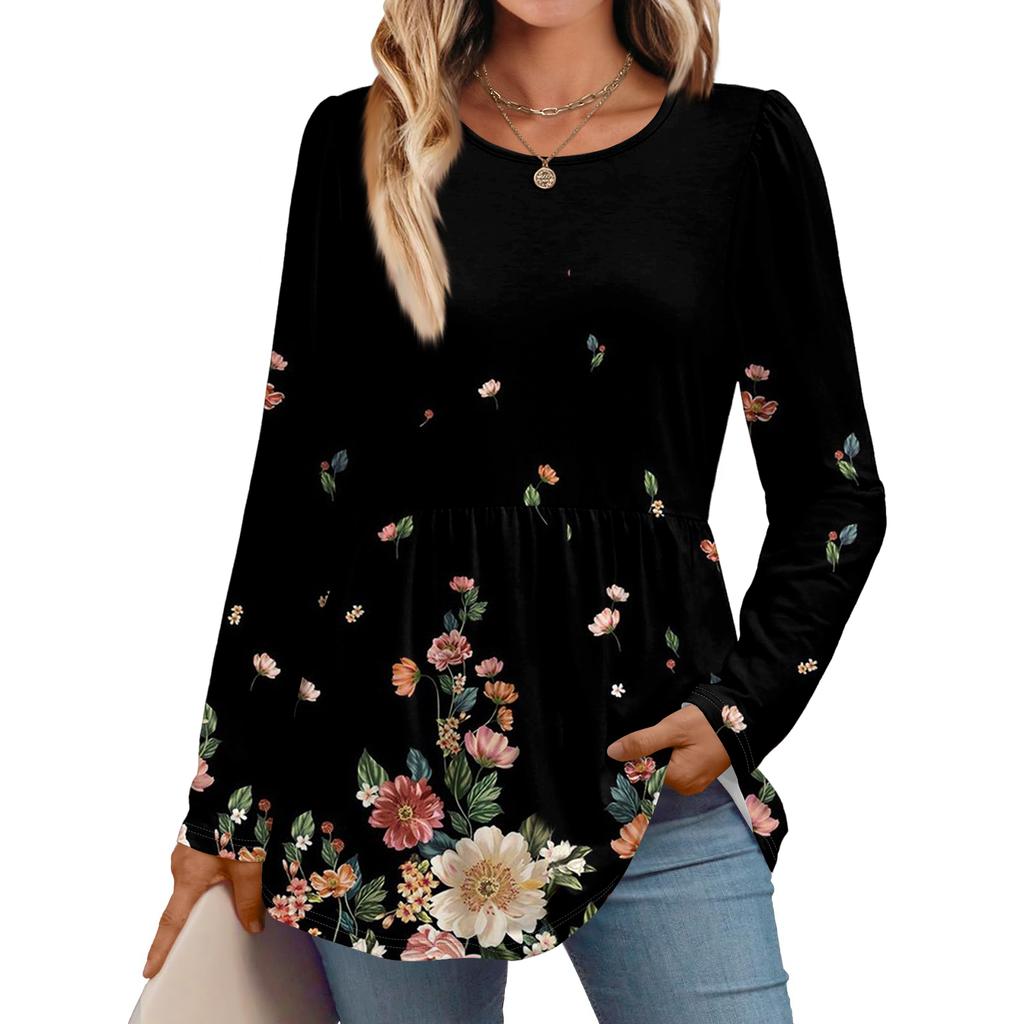 Women's Casual Fashion Long Sleeve Shirt Floral Printed Tunic Top