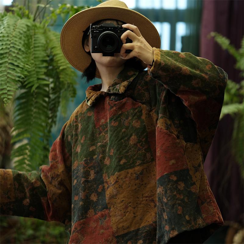 Johnature Women Vintage Print Floral Pullover Parkas Turn-down Collar Long Sleeve Winter Coats Warm Loose Parkas