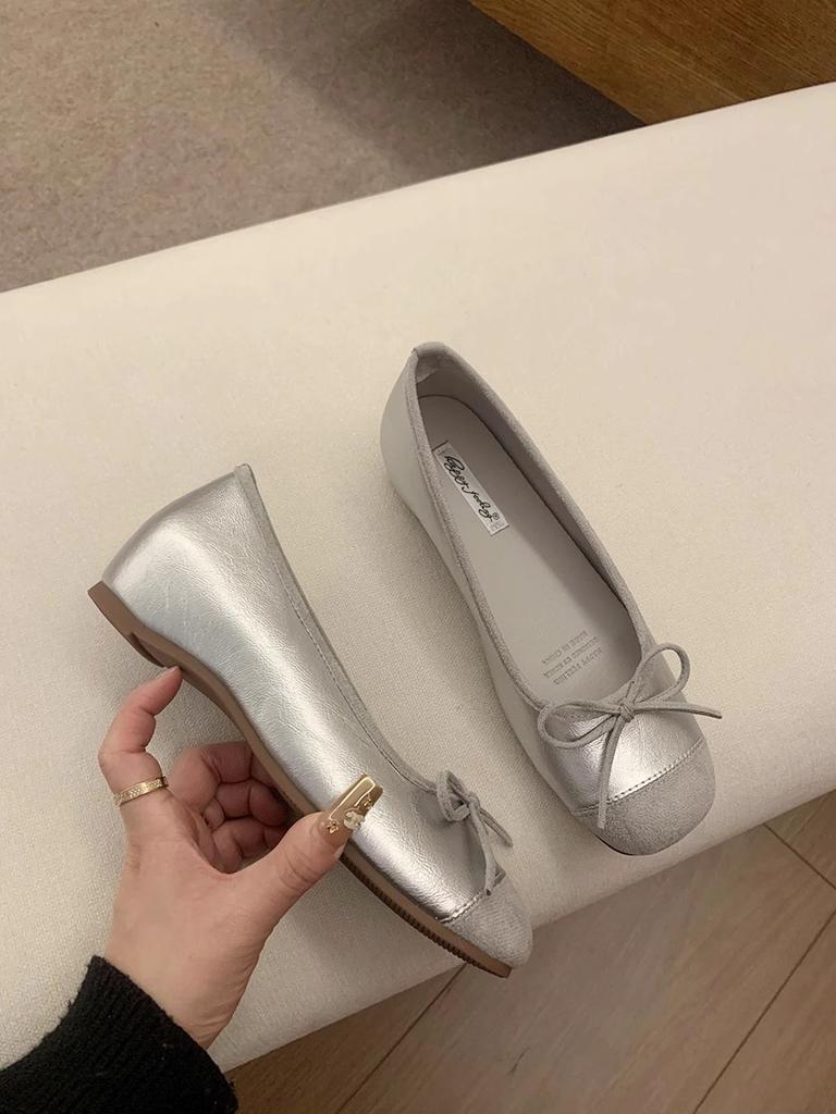 Французские ретро-туфли на мягкой подошве, серебристые женские туфли, осенние туфли, вечерние туфли с бантом, красные балетки