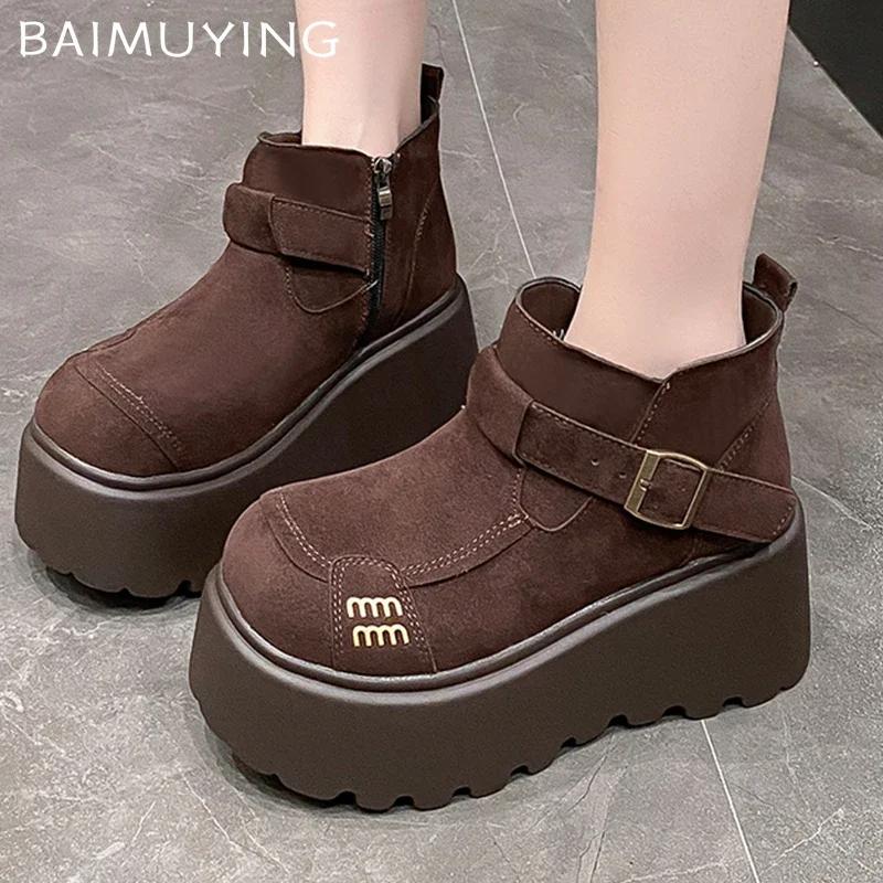 Ботильоны женские на платформе из меха, замшевые туфли на плоской подошве, модная женская обувь 2025 года, трендовая зимняя дизайнерская обувь для ходьбы, теплая повседневная женская обувь для снега