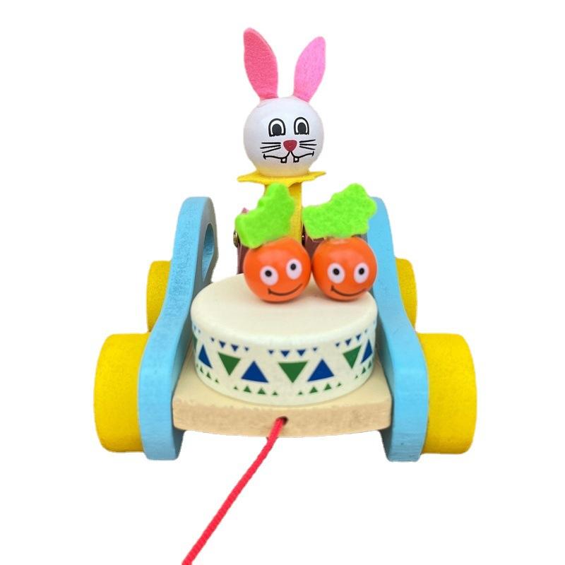 Baby Drag Toddler Toy Wooden Cartoon Animal Pull Cart Children'S Early Education Puzzle Rabbit Bear Pull Cart