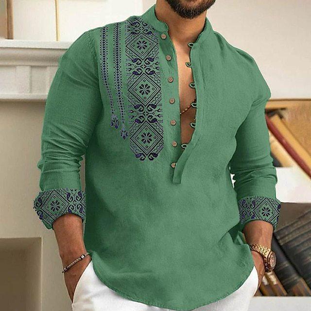 Men's Ethnic Style Trendy Geometric Pattern Long Sleeve Henley Shirts, Comfy Breathable Casual Slightly Stretch Tops, Men's Clothing