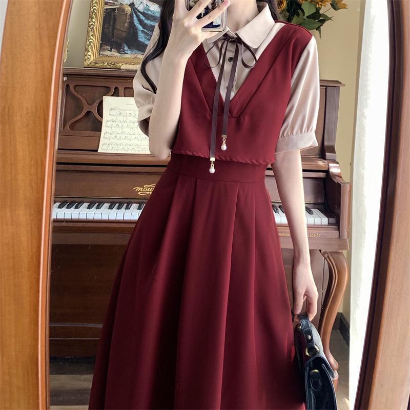 Женское ретро платье пэчворк мини на лето: Стиль колледжа, Короткий рукав, Большой размер, Свободный крой, Стройнящий эффект двух предметов