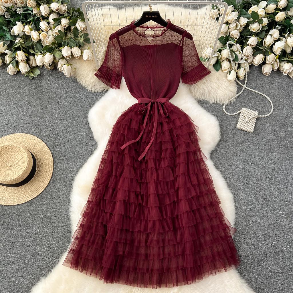 Nomikuma French Women Sweet Mesh Cake Dress Tie Up Waist Slimming Mid Length Elegant Long Cake Dresses 2024 Summer New Vestidos