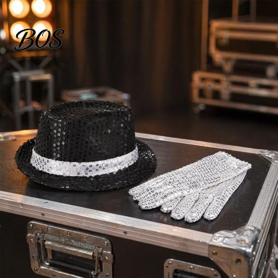 Complete Star Outfit Set Pop Rockstar Costume for Adults, Black Sequins Hat, Glasses, Gloves, Halloween Accessories Microphone, Role Play Cosplay