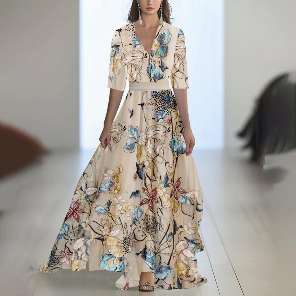 Ladies' Casual And Fashionable Color Printed Patchwork V-neck Long Dress