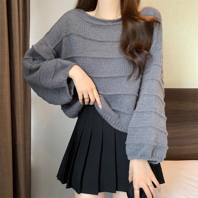 Женский свитер-пуловер, свободный, корейский стиль, рукава с бисером, короткий, с круглым вырезом, подкладка, трикотаж, весна и осень