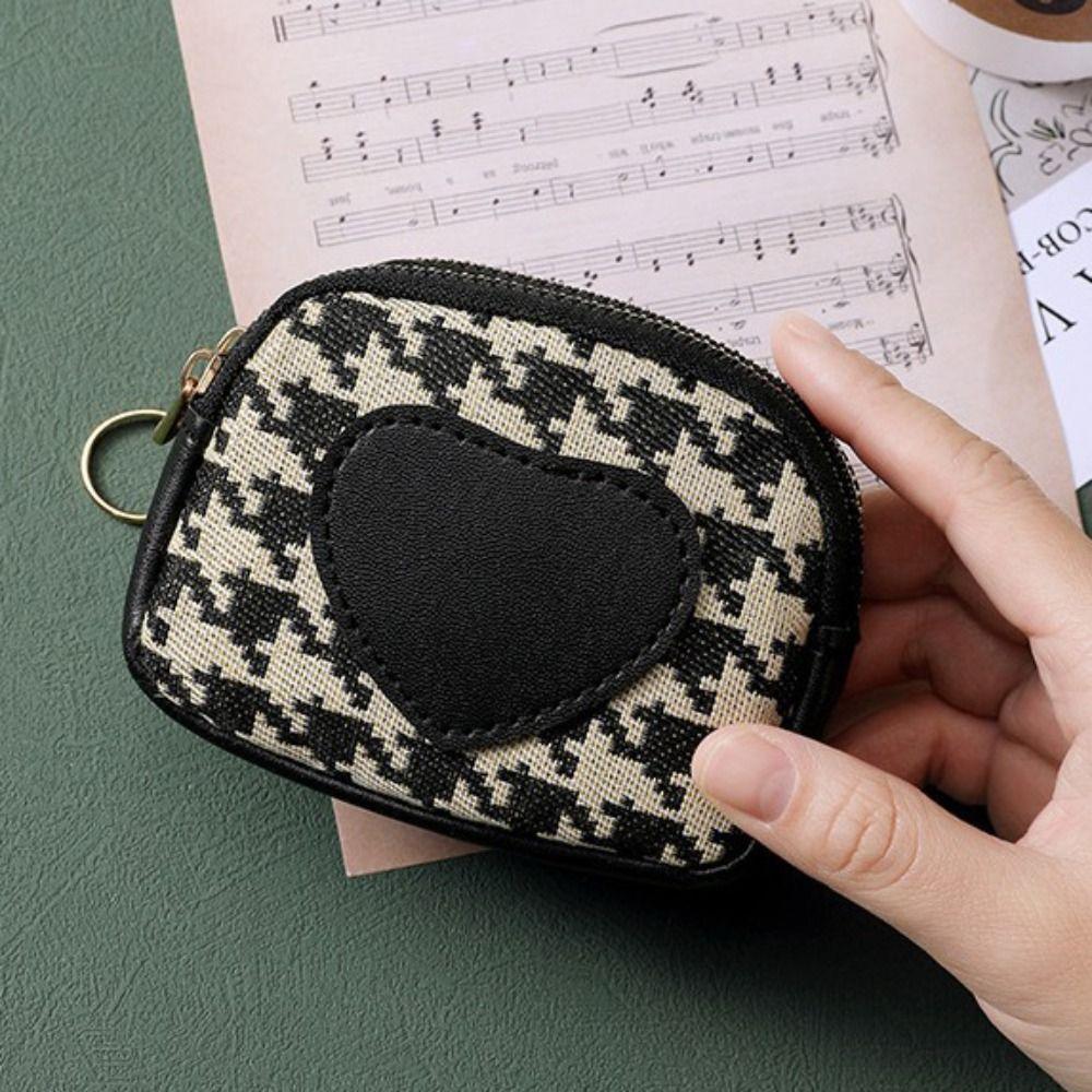 Printing Canvas Coin Purse Pu Leather Short Style Wallet Portable Houndstooth Zipper Purse  Outdoor