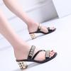 Thick Heel Fish Mouth Sandals Women Wear Large Size with Rhinestones, Sexy Women with Round Head, Medium Heel Cool Slippers, Beautiful Outside