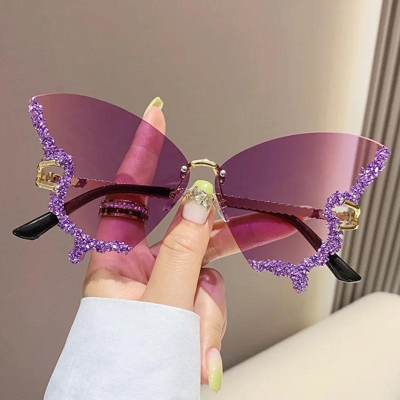 New Luxury Rimless Anti Blue Light Butterfly Sunglasses Ladies Fashion Unique Outdoor Eye Protection Eyewear Diamond Goggles