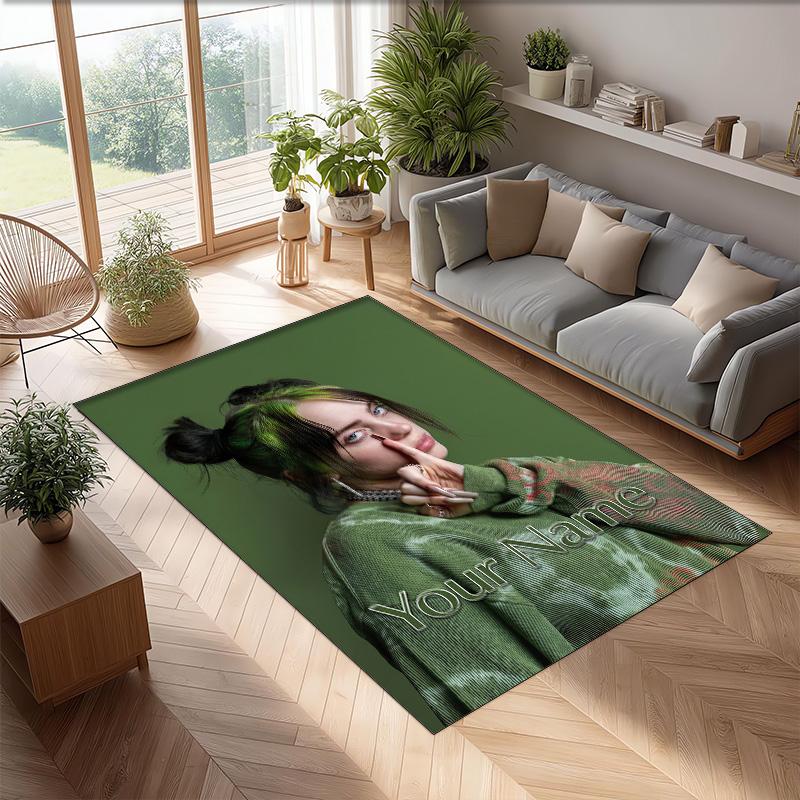 Billie Eilish Crystal Velvet Rug, Custom Name Text Personalized Non‑Slip Floor Mat for Home Decor Gift