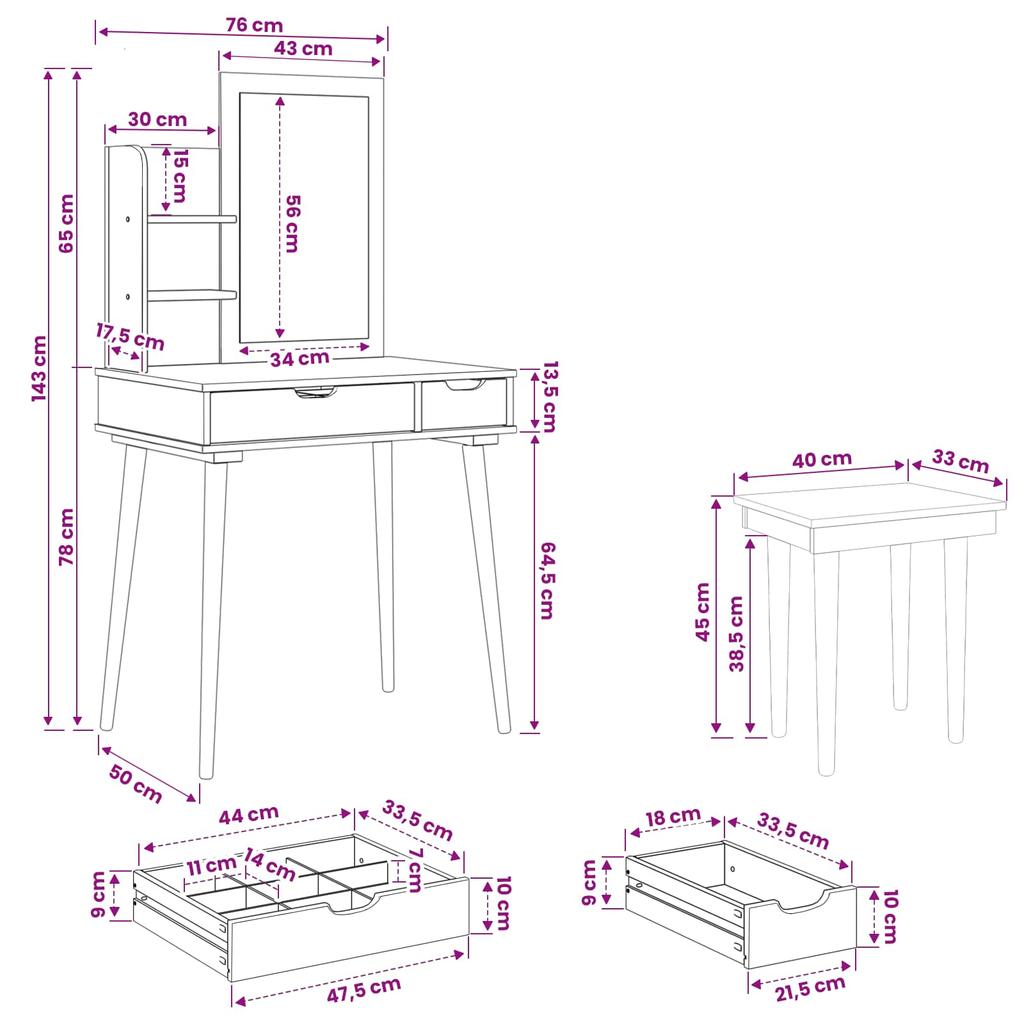 Dressing Table Set FAUSKE 4 pcs White 76 x 50 x 143 cm