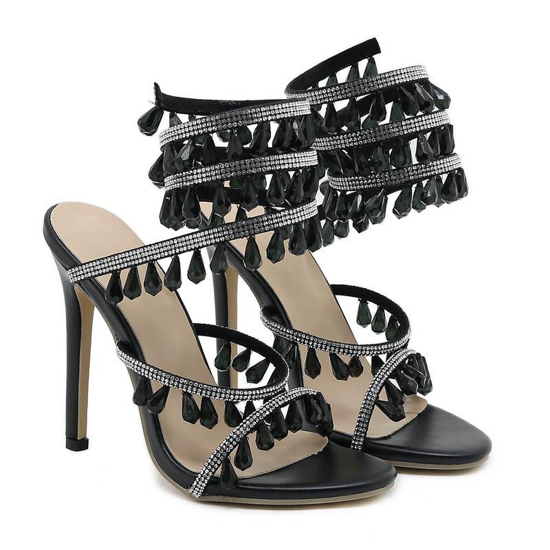 Новые женские сандалии 2025 года, роскошные сандалии со стразами с обмоткой вокруг щиколотки, женские туфли на шпильке, свадебные туфли, банкетные туфли