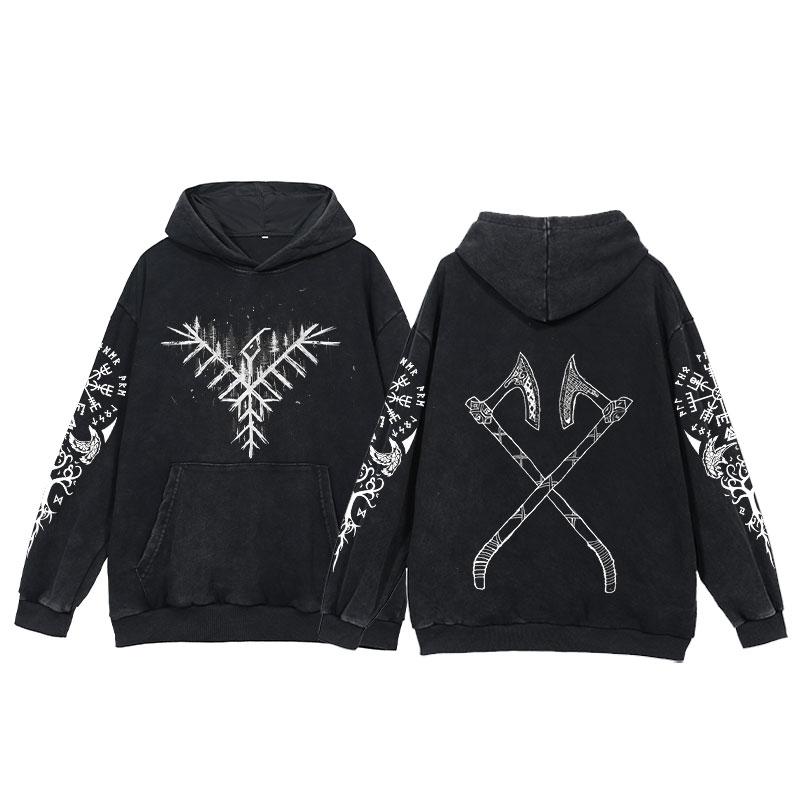 2024 Viking Hoodies Men Tattoo Print Acid Wash Hoodie Cotton Loose Long Sleeve Pullover Vintage Oversized Casual Hooded Sweatshi