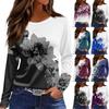 Women's Fashion Casual Slit Hem Round Neck Long Sleeve Loose  Printed T-Shirt Ladies Top