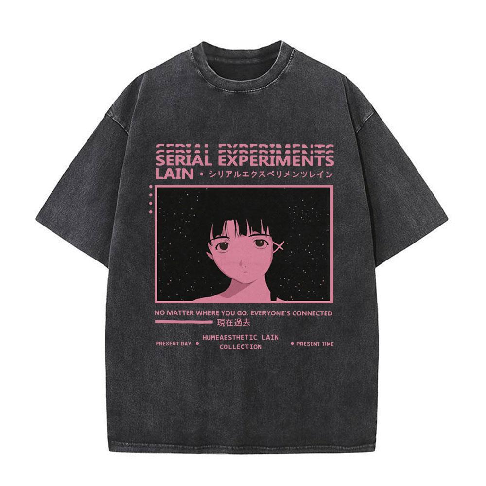 Serial Experiments Lain Anime Vintage Washed T-Shirt Manga Iwakura Girl Sci Fi Short Sleeve T-shirts 100% Cotton Casual T Shirt