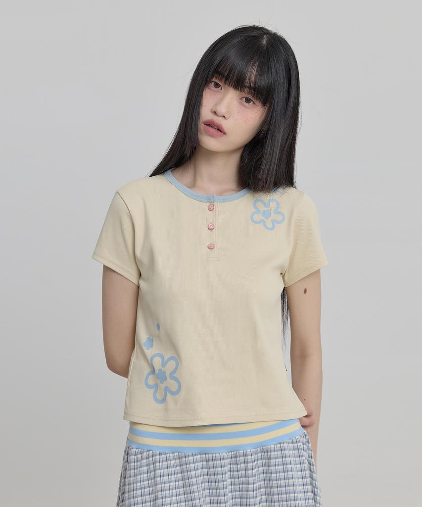 WAIKEI Flower Henley Neck Short Sleeve T-Shirt Lemon