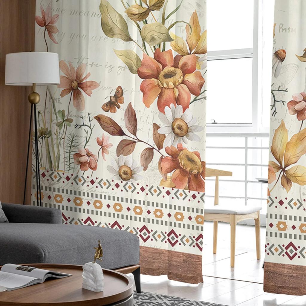 Autumn Plant Flowers Pastoral Style Retro Bedroom Transparent Sheer Curtains Holiday Decoration Window Voile Tulle Curtain