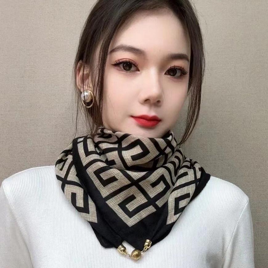 Женский шелковый шарф с магнитной застежкой: Универсальный квадратный платок, хлопково-льняная защита шеи, универсальная треугольная подвеска-шарф на шею.