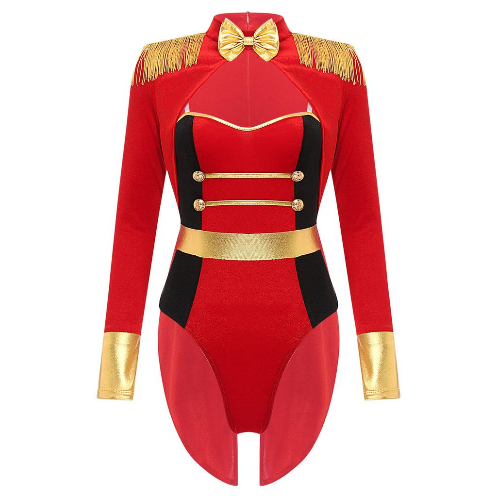 Womens Circus Ringmaster Halloween Cosplay Bodysuit Fringe Epaulette Bow Long Sleeve Velvet Jumpsuit
