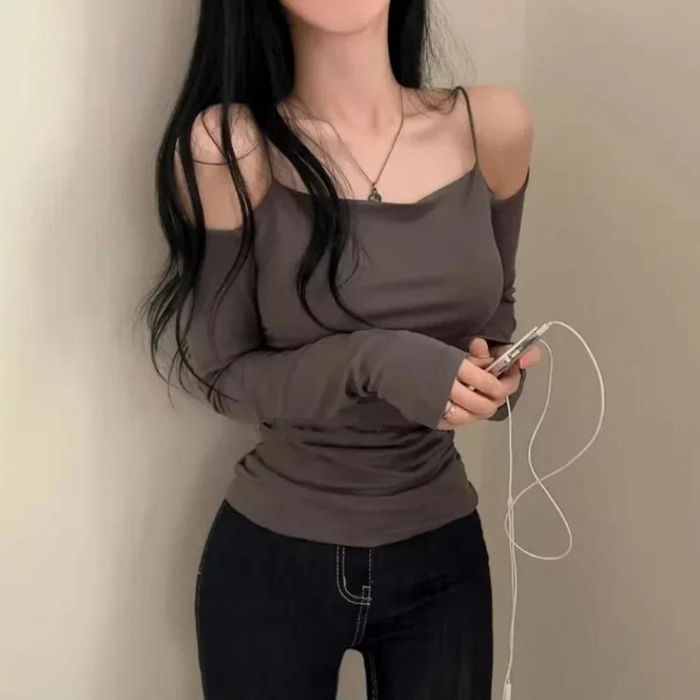 VAYLA Korea New Style Pure Desire Sexy Off-The-Shoulder Two-Piece Illusionslims Women's Long Sleeve T-Shirt Versatile Smoot