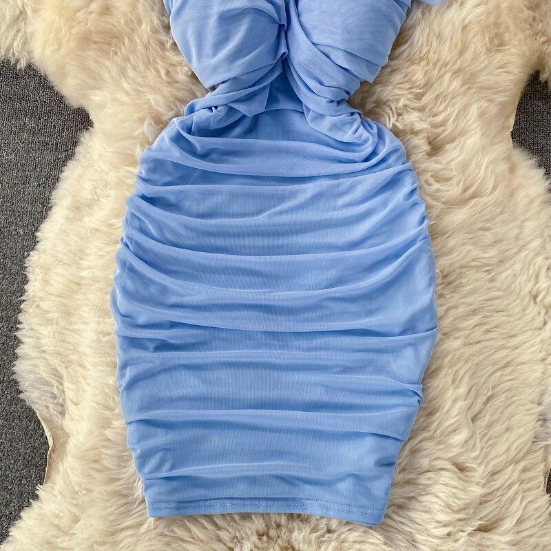 Сексуальное платье с короткими рукавами, высокой талией, облегающее, плиссированное, с квадратным вырезом, облегающее бедра