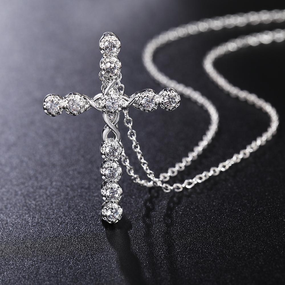 925 Sterling Silver Cross Zircon Pendant Necklace Wedding Fashion Jewelry