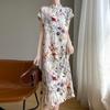 Retro Acetate Satin Summer New Half-high Neck Dress with Short Sleeves Women's Temperament Printed Versatile Long Skirt