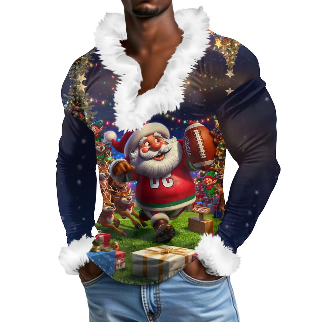 Мужской повседневный рождественский плюшевый свитшот с V-образным вырезом и длинными рукавами из флиса