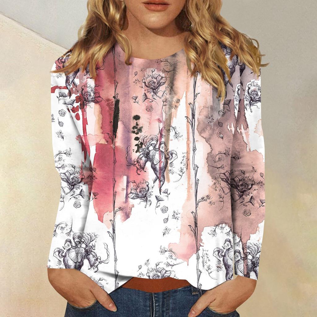 Женская модная повседневная футболка с круглым вырезом и длинным рукавом с принтом, топ
