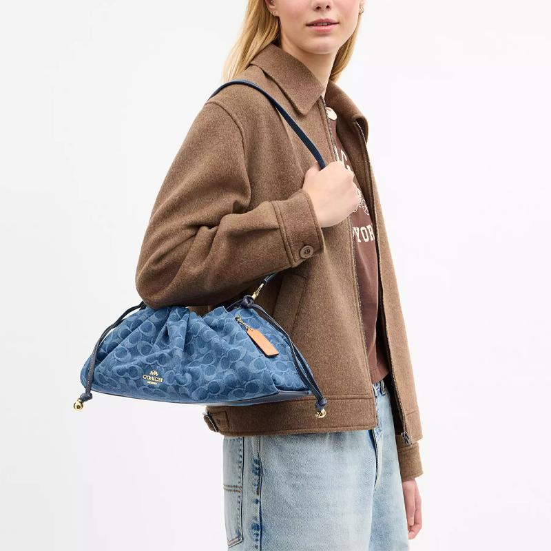 Coach Faye 11 Jacquard Design Metal Accents Iconic Denim And Vachetta Leather Shoulder Bag Large Women Shoulder Bag Light-Blue CDB97-IMTY