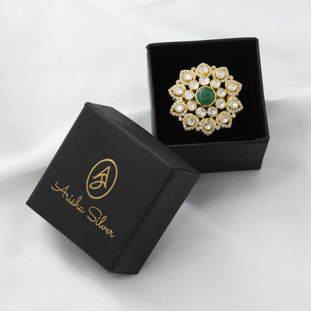Indian Kundan Women Ring 925 Sterling Silver Handmade Jewelry, Gold Finish Kundan Ring, Statement Women Ring Polki Ring, Moissanite Adjustable Ring