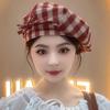 Japanese Retro Black and White Plaid Octagonal Hat Spring and Autumn New Windproof and Breathable Beret Showing Face Little Literary Painter Hat