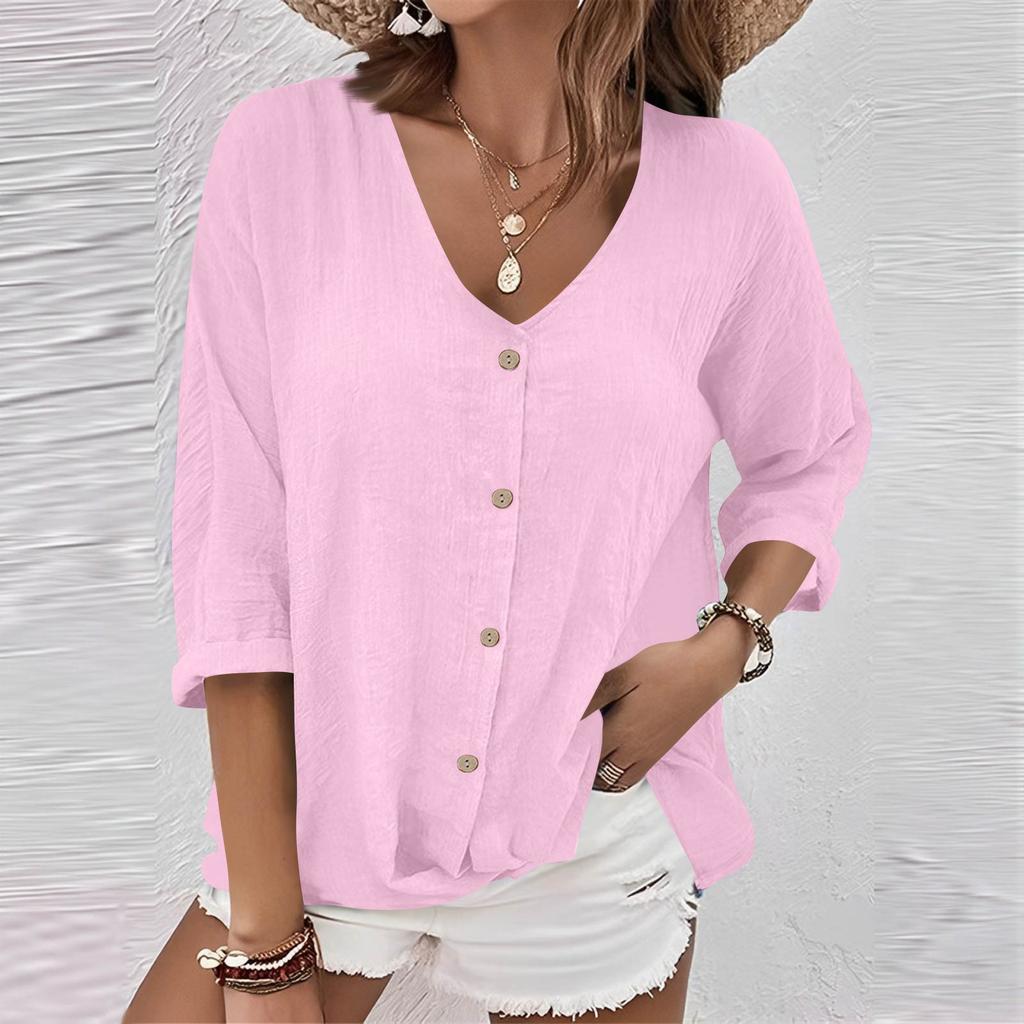 Women's Fashion Casual Solid Color V-Neck Live Button Seven Sleeve T-Shirt Top