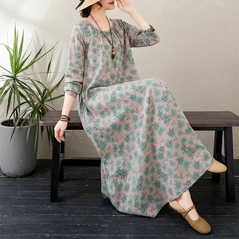 Dimanaf New 2025 Women Plus Size Spring Basic Long Dress Long Sleeve Loose Casual Floral Vintage Maxi Oversize