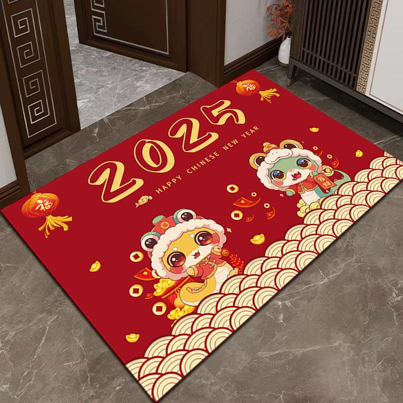 New Year Door Mat Snake Year Door Mat Festive Entryway Water Absorbent Non-slip Foot Mat Entry Door Red Carpet