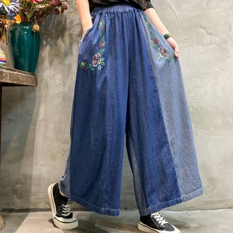 Корейский стиль ретро цвета соответствия мягкие джинсы женские эластичный пояс свободные большие размеры повседневные широкие брюки