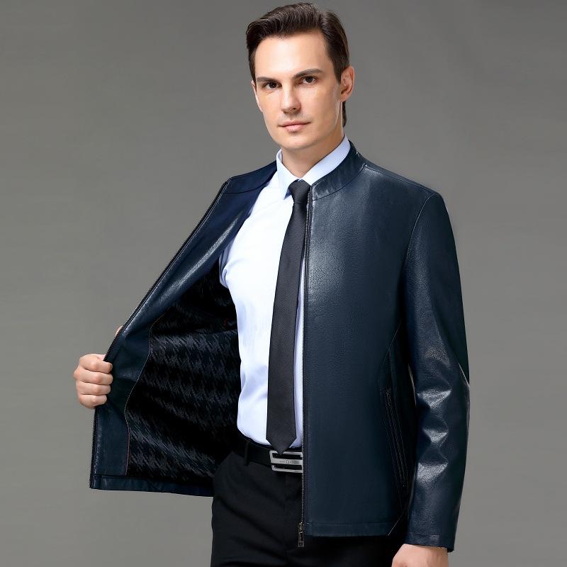 Genuine Leather Jacket for Men, Short Stand Collar, Thickened Autumn and Winter Middle-aged and Elderly Men's Casual Sheep Leather Wallet