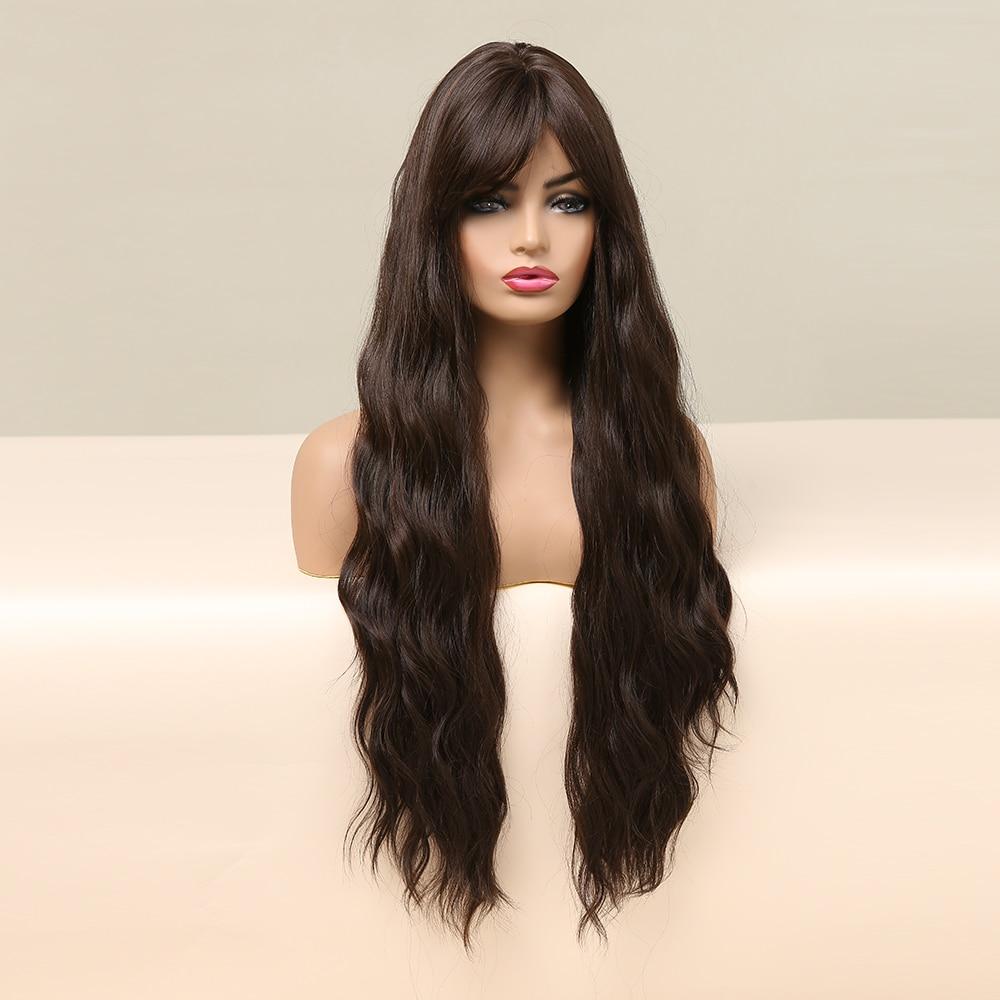 Long Water Wave Synthetic Wigs with Bangs Natural Black Dark Brown Cosplay Hair Wigs for Women Afro Heat Resistant