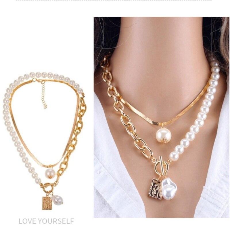 2 шт. Золотое ожерелье женское Простое Модное Хип-хоп стиль Медная змеиная цепочка Барочный жемчуг Портрет Квадратная подвеска Ювелирные изделия