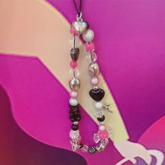 Розово-красная цепочка для телефона в стиле Y2K с сердечком, шнурком для камеры CCD и подвеской в виде медведя